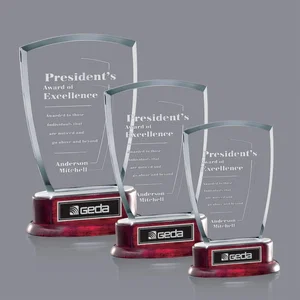 Jade Glass Shield Award on a Rosewood Base With an Extra Text Plate