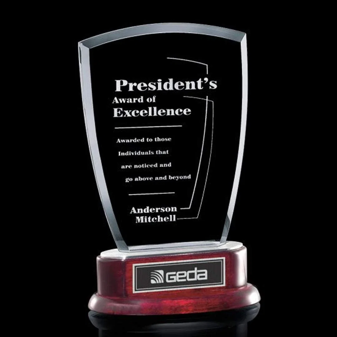 Custom Jade Glass Shield Award on a Rosewood Base With an Extra Text Plate for corporate award ceremonies