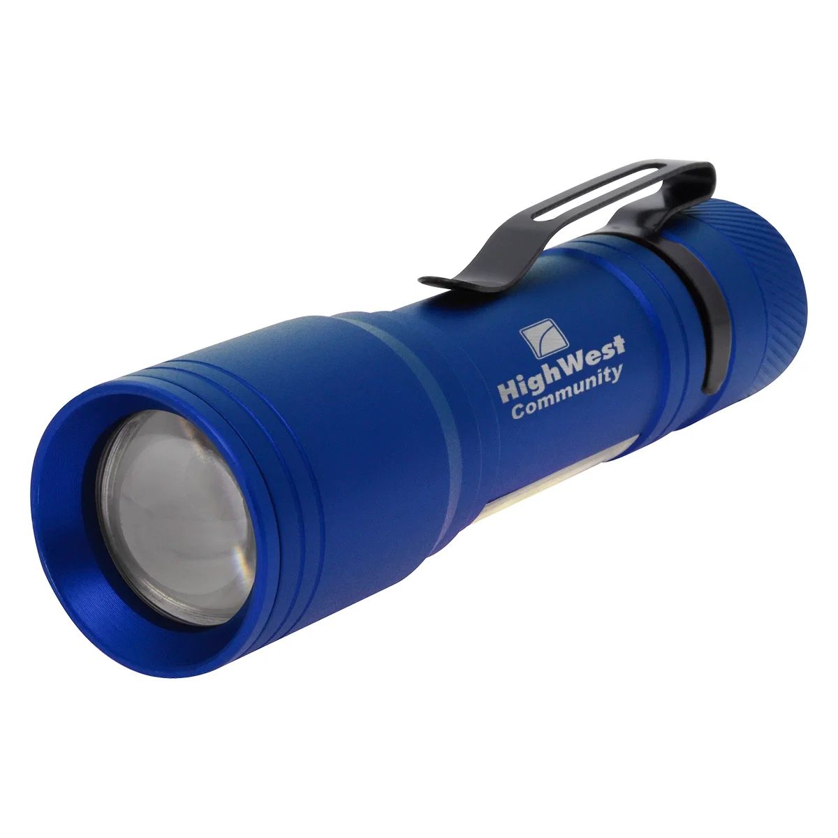 Barrel and lens end of the pocket-sized torch shown closely