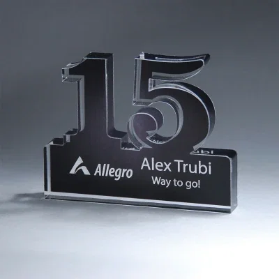 Freestanding anniversary award standing upright on its base