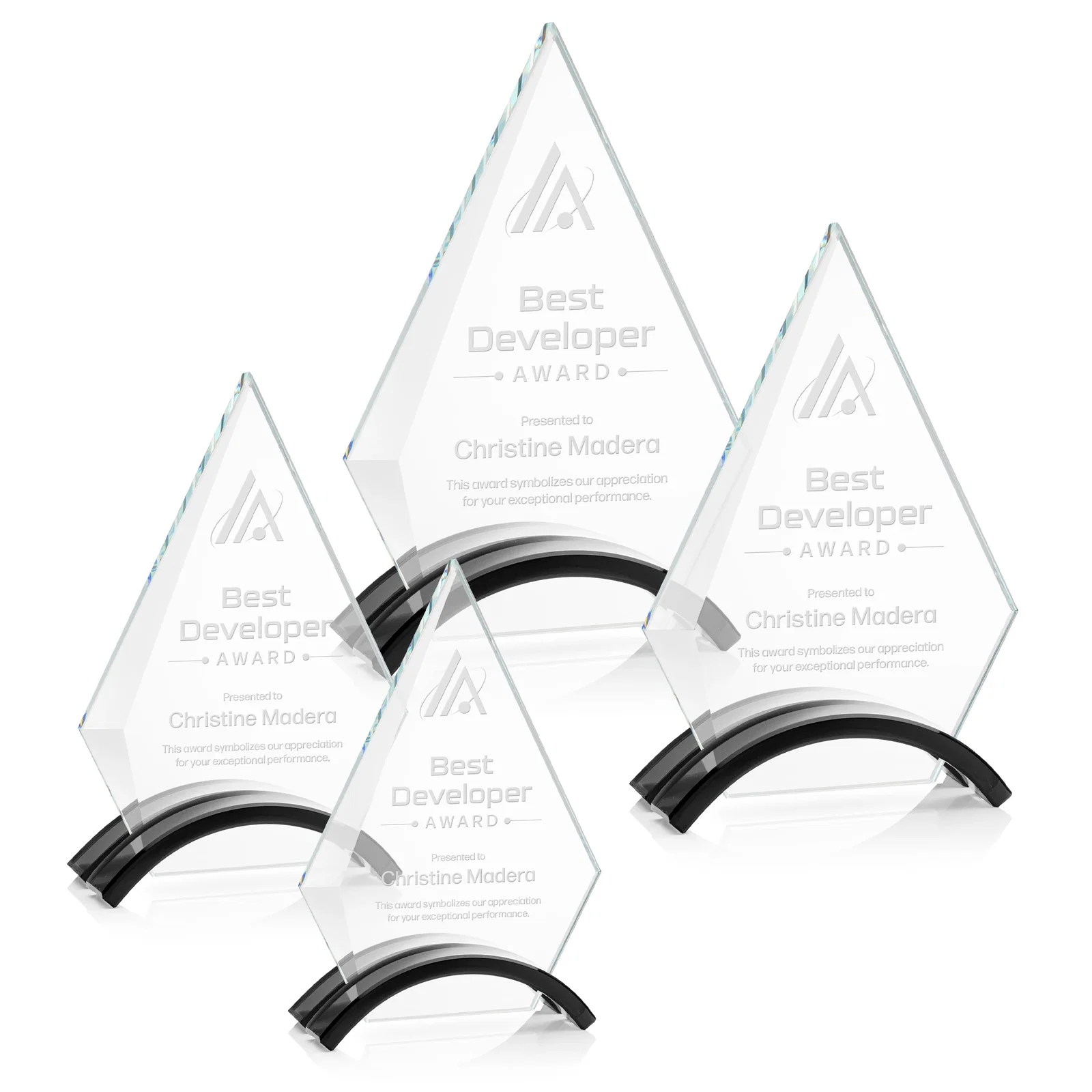 Custom Starfire Crystal Triangle Award with Beveled Left Edge for employee recognition