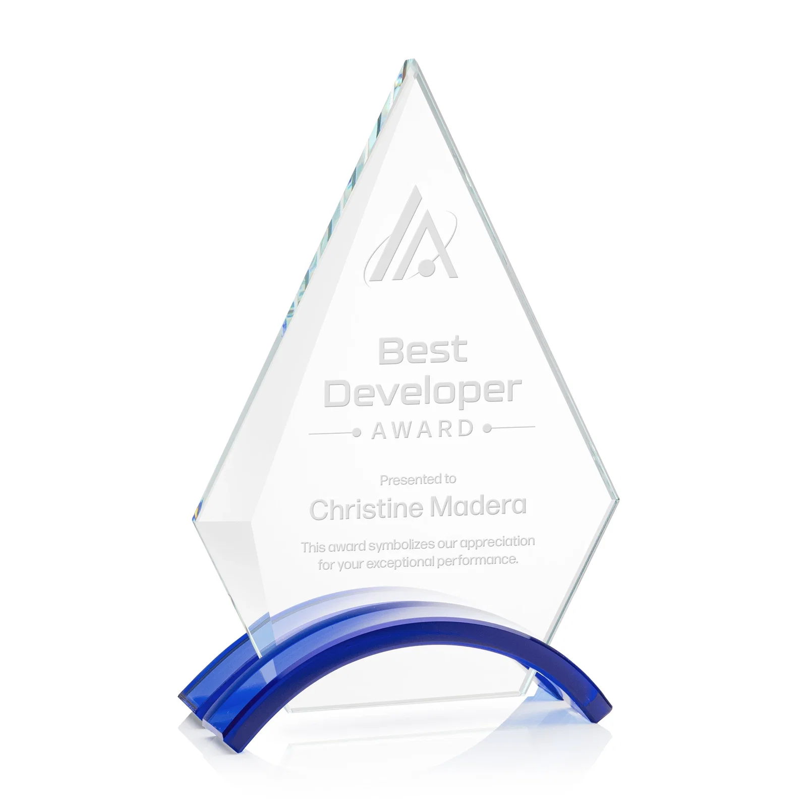 Custom Starfire Crystal Triangle Award with Beveled Left Edge for volunteer appreciation