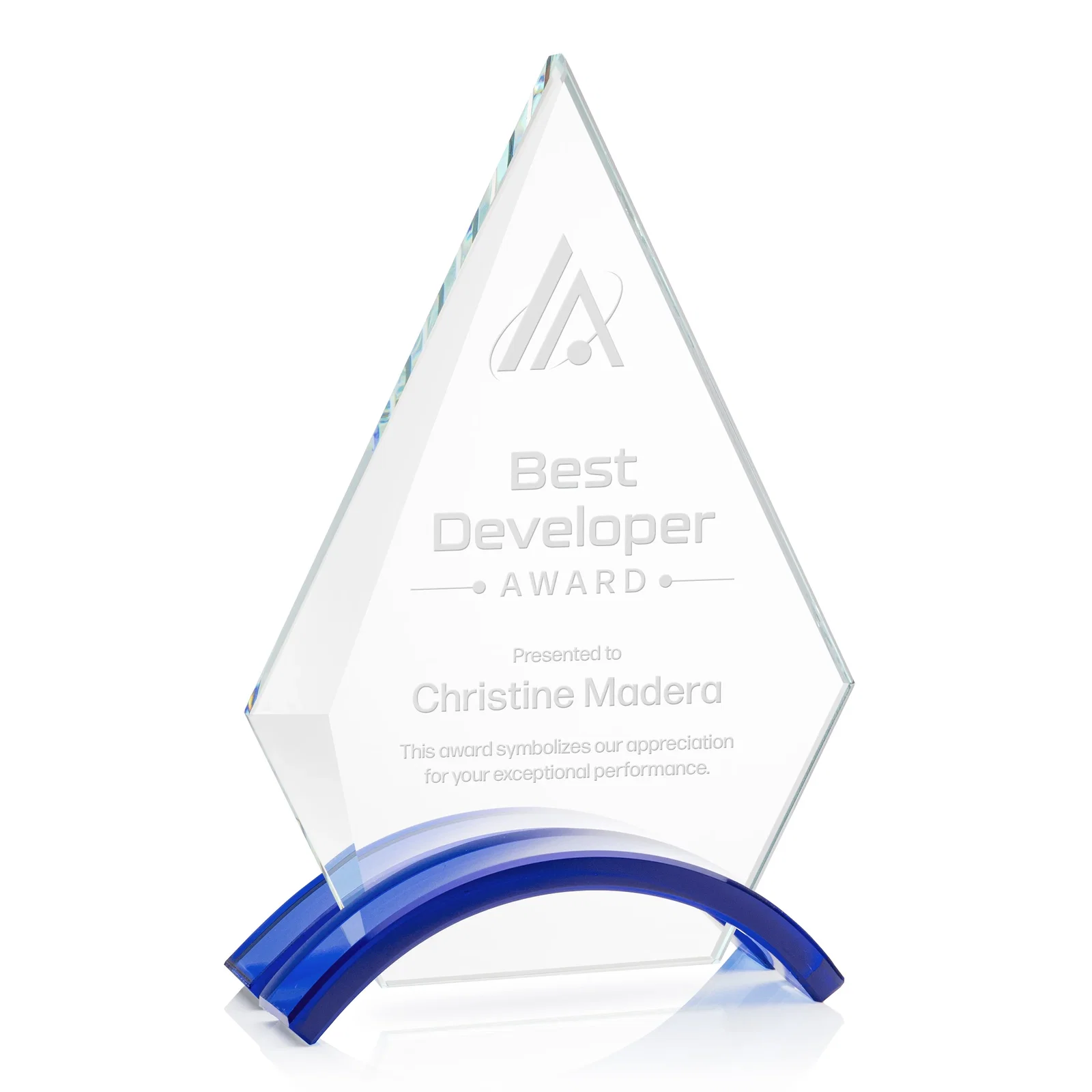 Custom Starfire Crystal Triangle Award with Beveled Left Edge for dealer and partner awards
