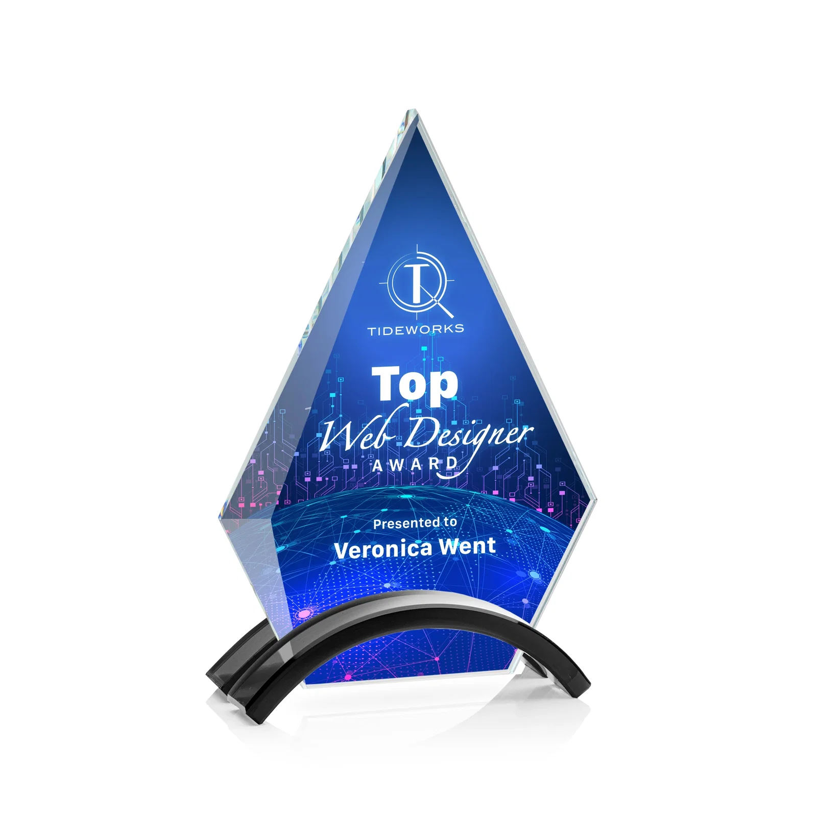 Personalized Starfire Crystal Triangle Award with Beveled Left Edge for corporate award ceremonies