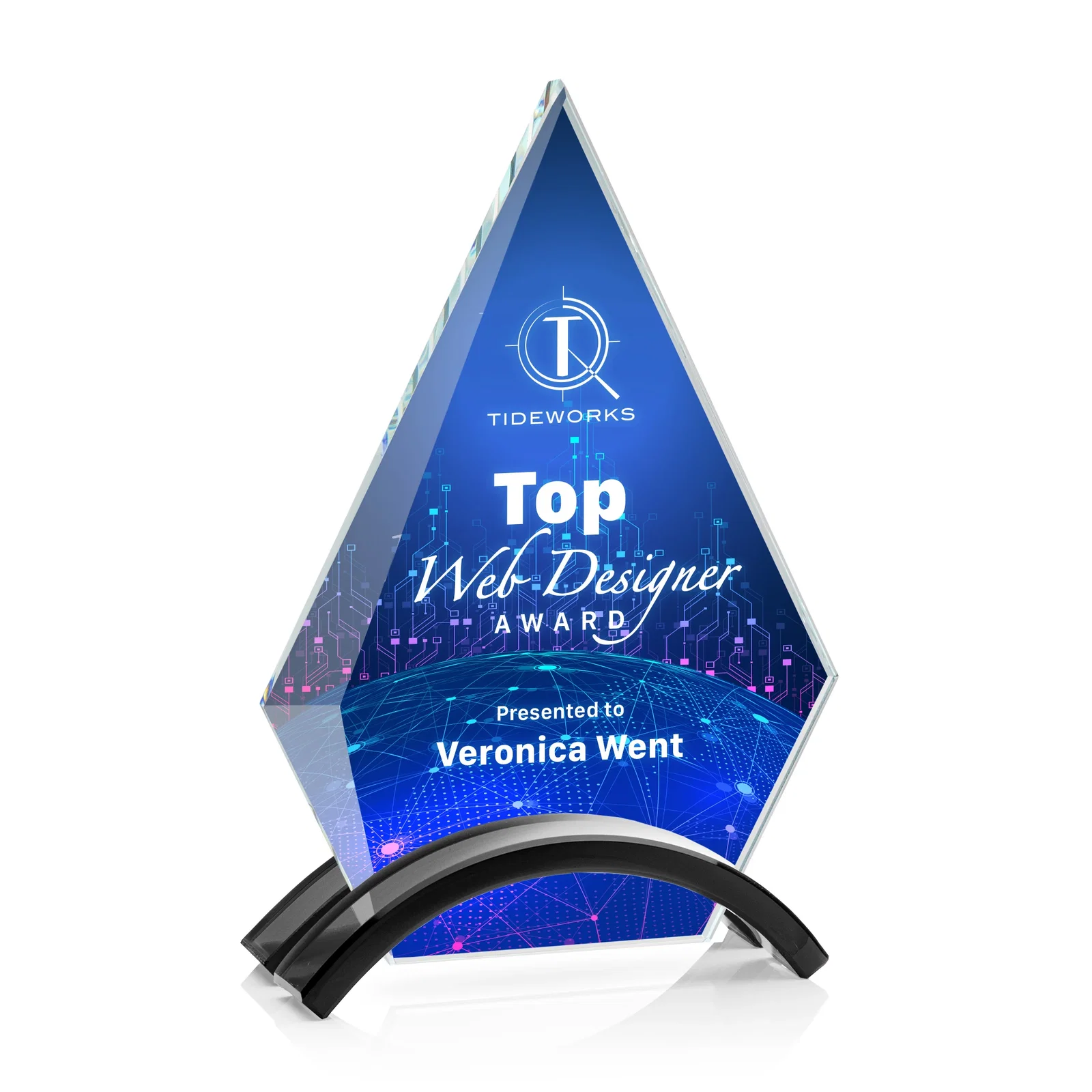 Personalized Starfire Crystal Triangle Award with Beveled Left Edge for sales achievement awards