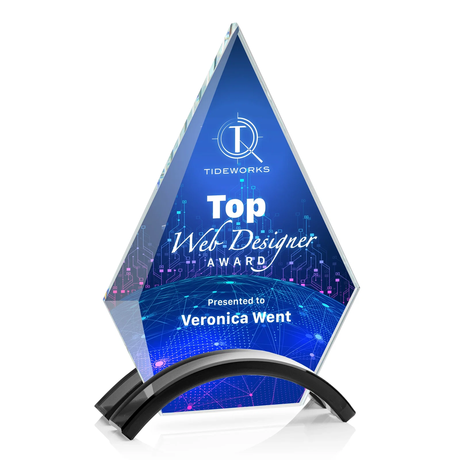 Personalized Starfire Crystal Triangle Award with Beveled Left Edge for retirement presentations