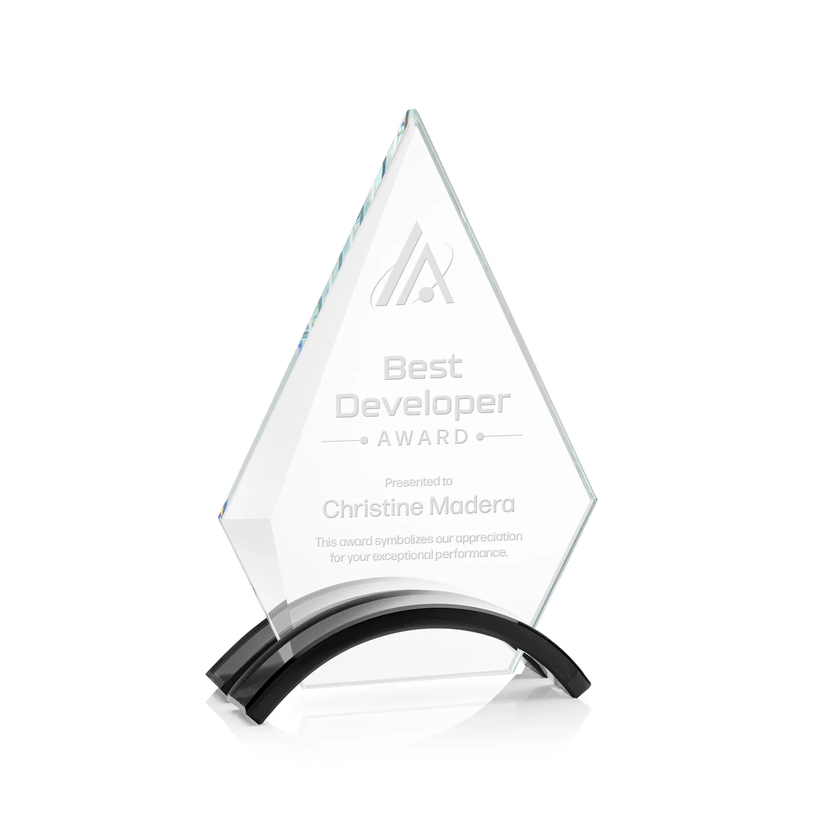 Custom Starfire Crystal Triangle Award with Beveled Left Edge for corporate award ceremonies