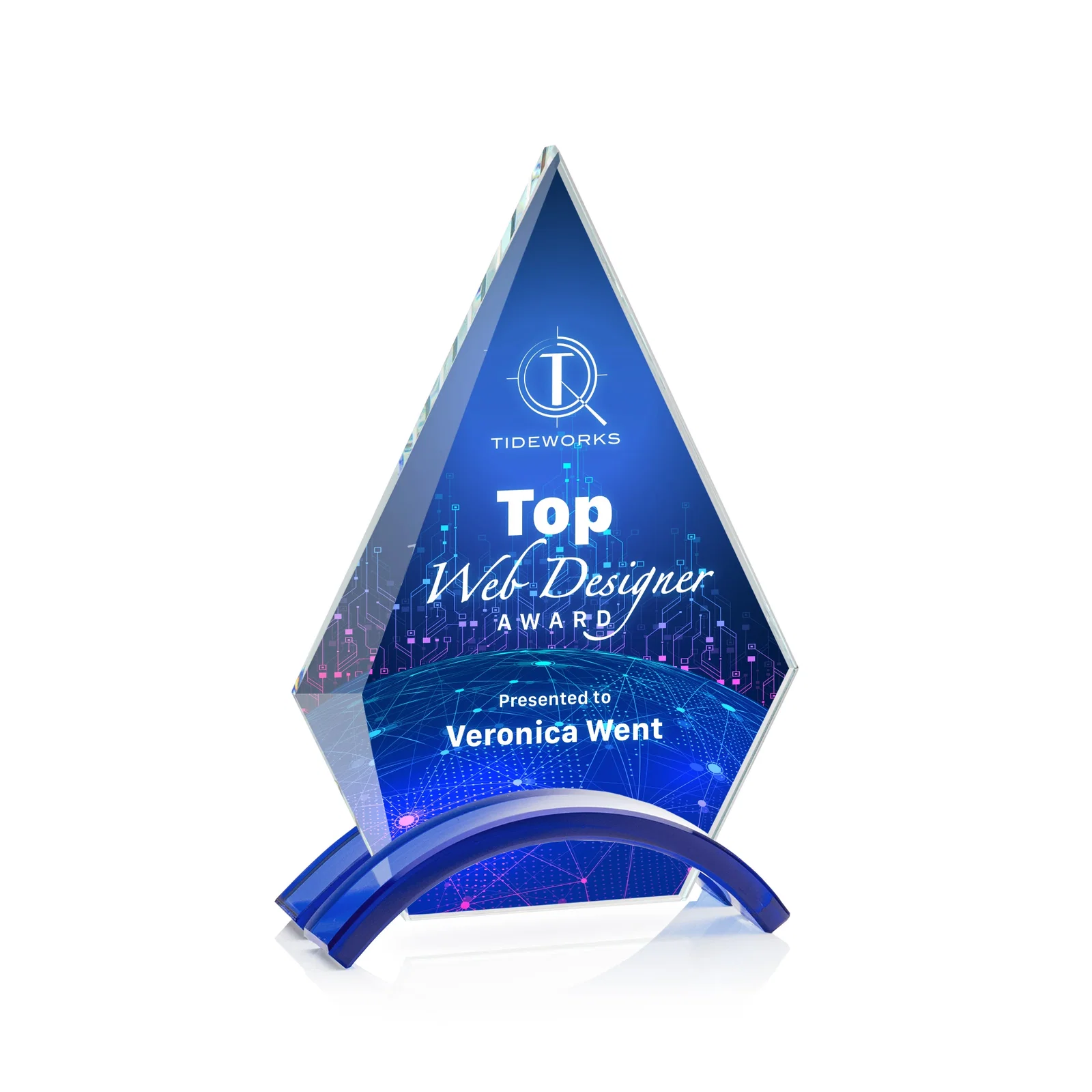 Personalized Starfire Crystal Triangle Award with Beveled Left Edge for donor appreciation