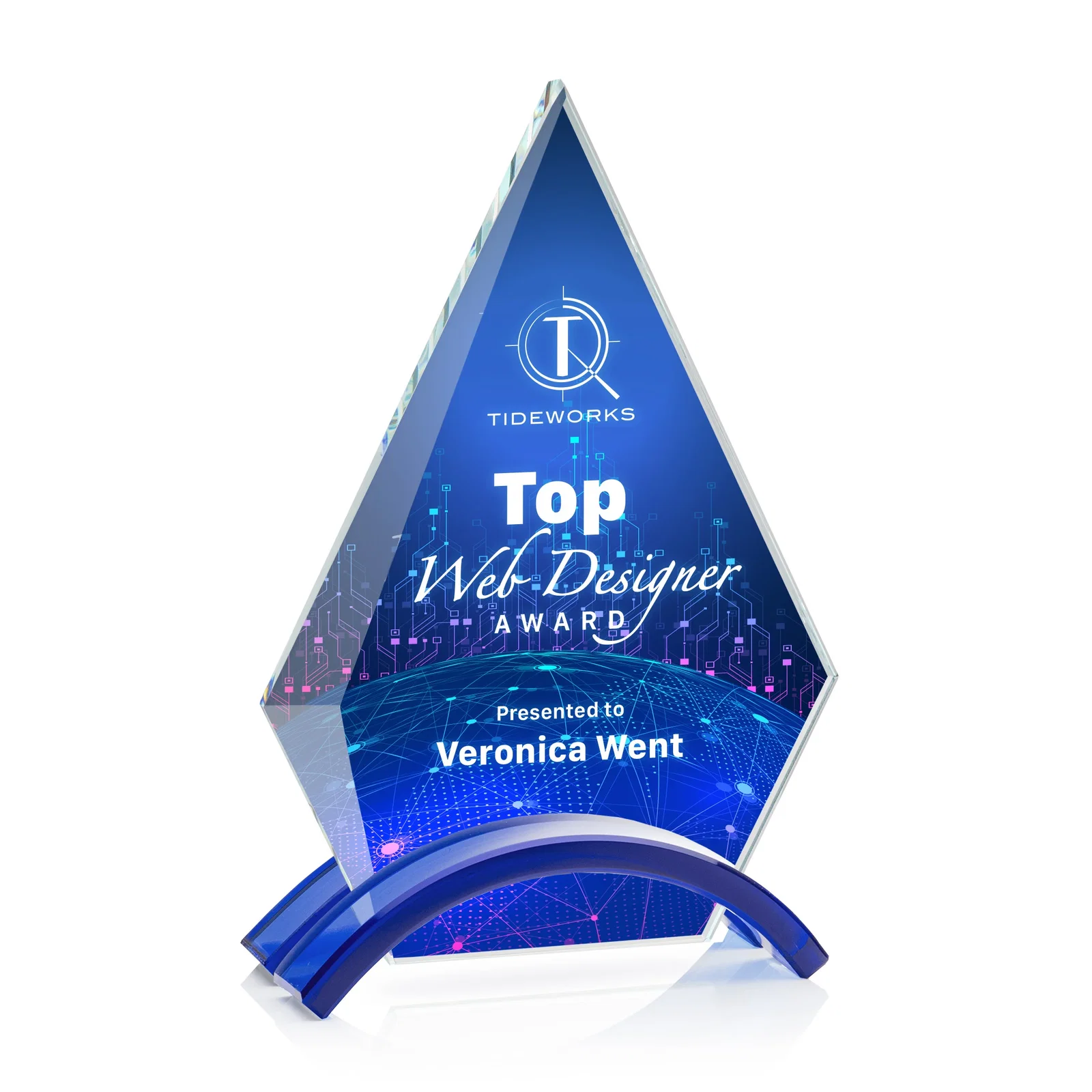 Personalized Starfire Crystal Triangle Award with Beveled Left Edge for safety achievement programs