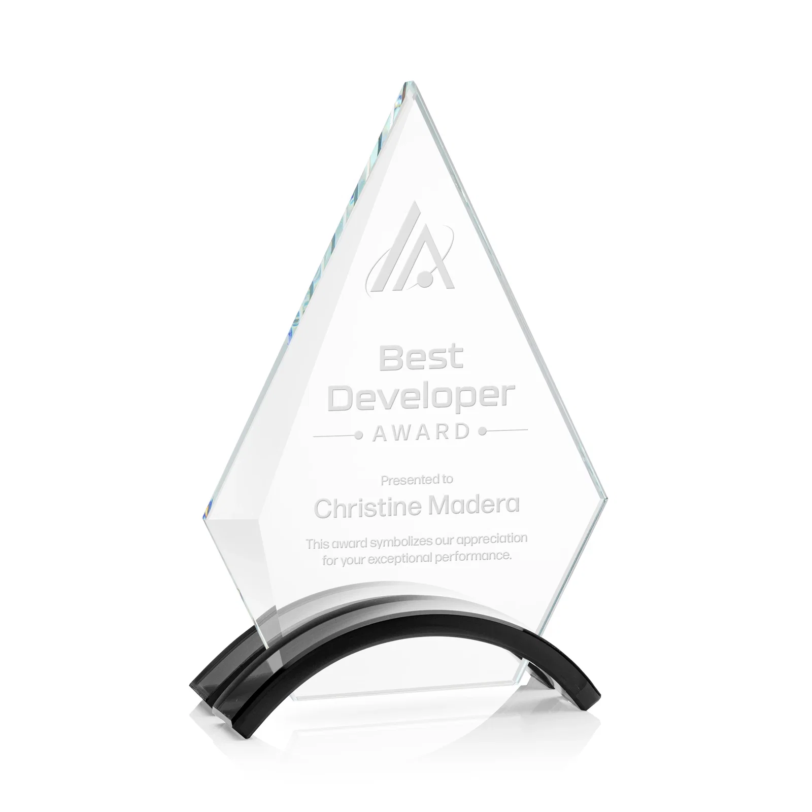 Custom Starfire Crystal Triangle Award with Beveled Left Edge for service anniversary gifts