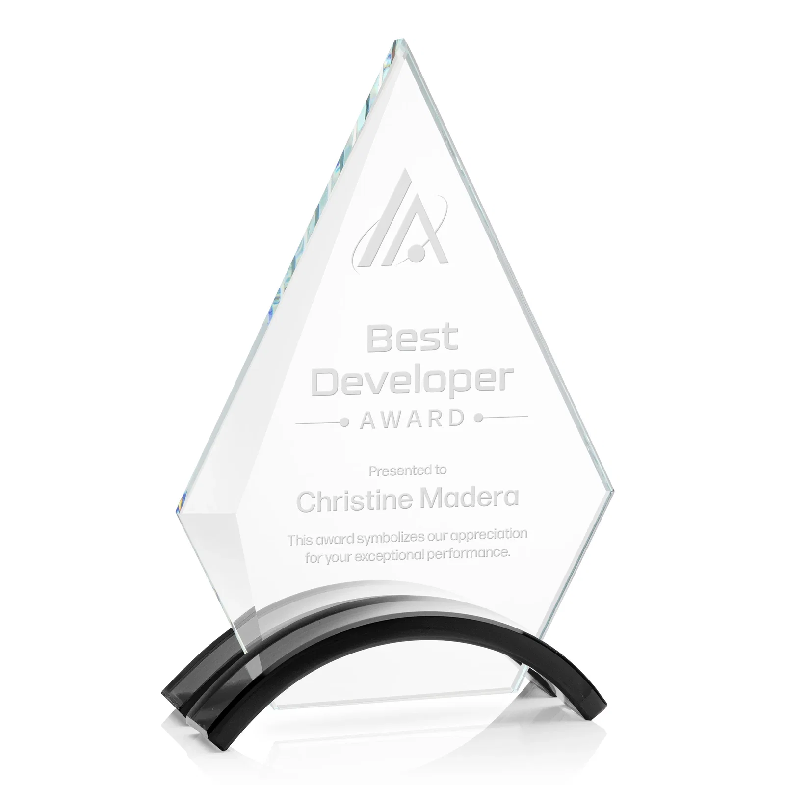 Custom Starfire Crystal Triangle Award with Beveled Left Edge for retirement presentations