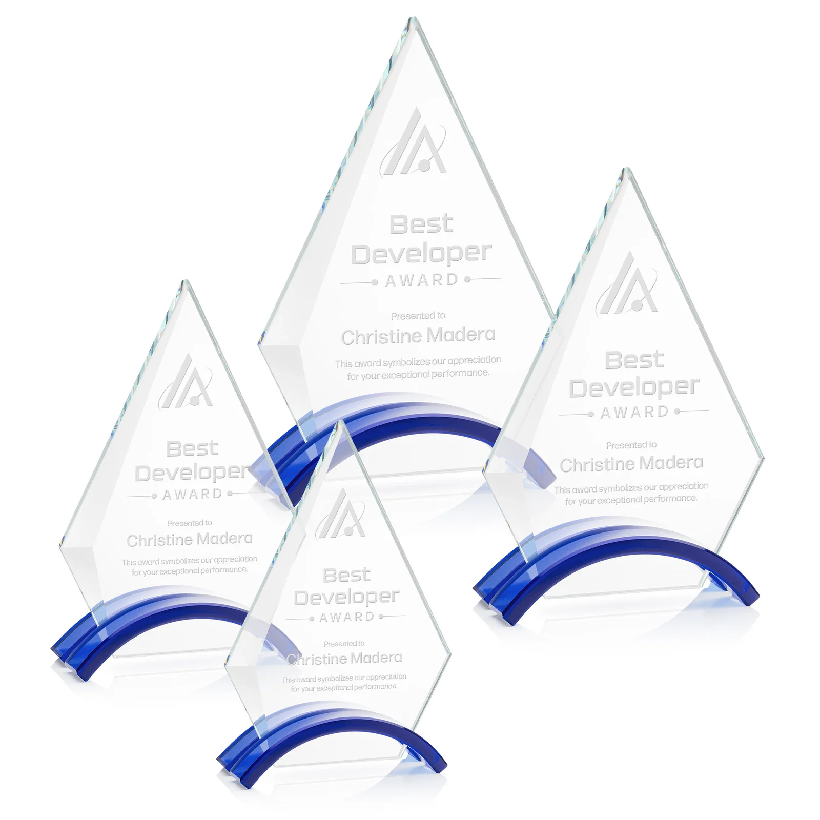 Custom Starfire Crystal Triangle Award with Beveled Left Edge for donor appreciation