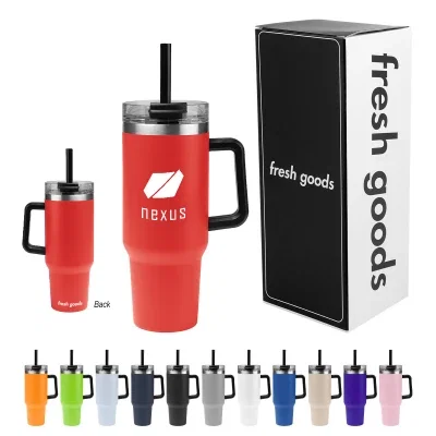 Stainless steel tumbler standing about ten inches tall