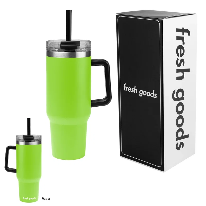 Tall travel mug shown upright and empty