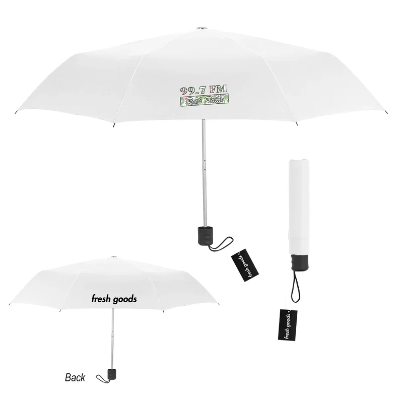 Straight on view of the closed umbrella standing upright