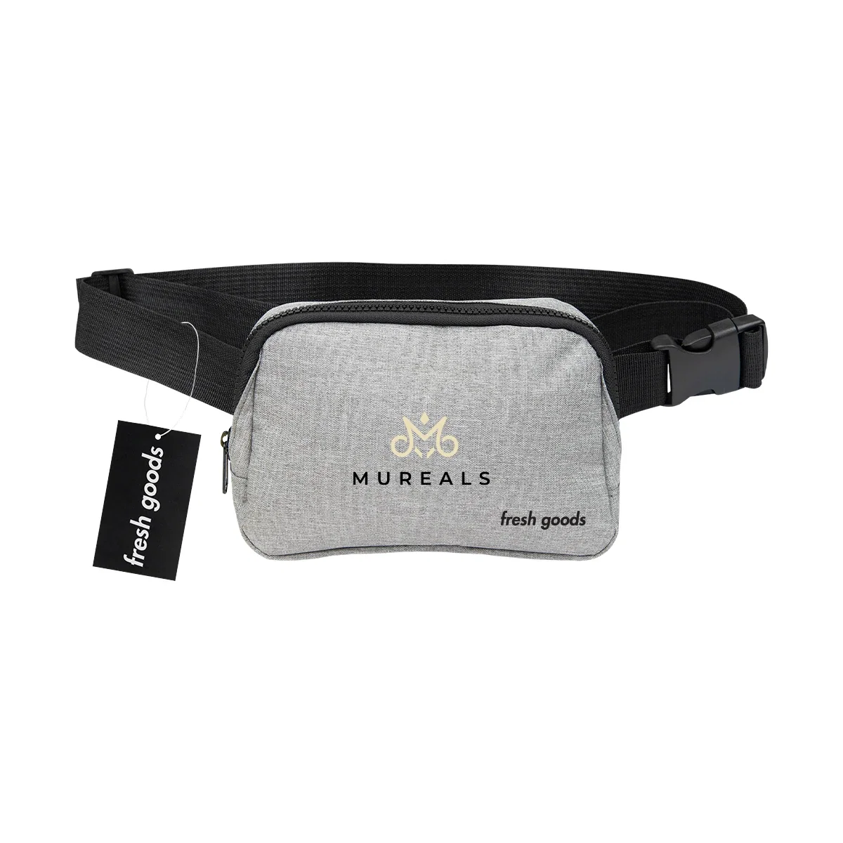 Front zipper pull shown on a compact waist pouch
