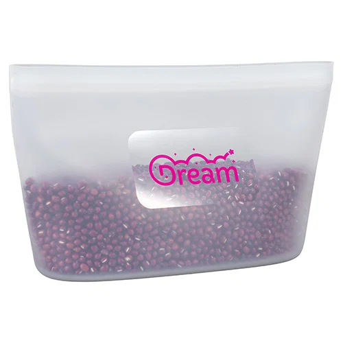 Branded FreshKeep food pouch holding snacks, custom promotional reusable silicone storage pouch