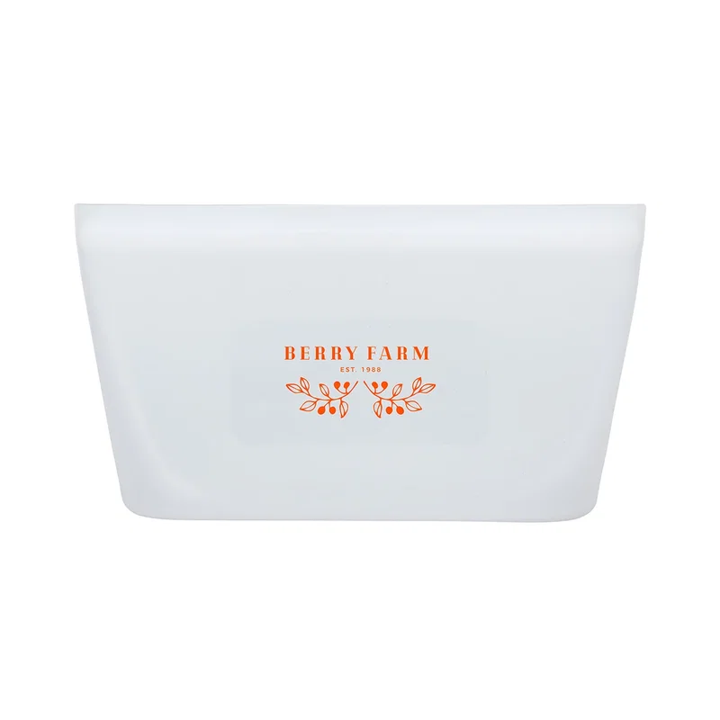 Custom FreshKeep Platinum silicone food storage pouch, front view of the branded pouch, large size