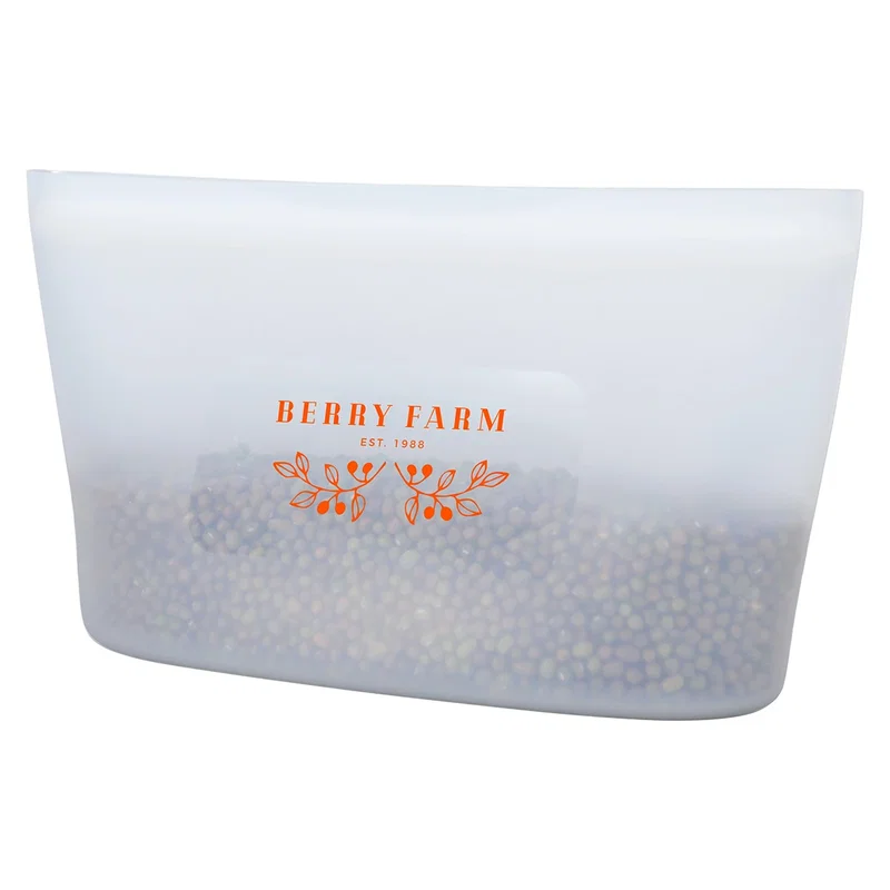 FreshKeep silicone food storage pouch filled with snacks, branded pouch in use