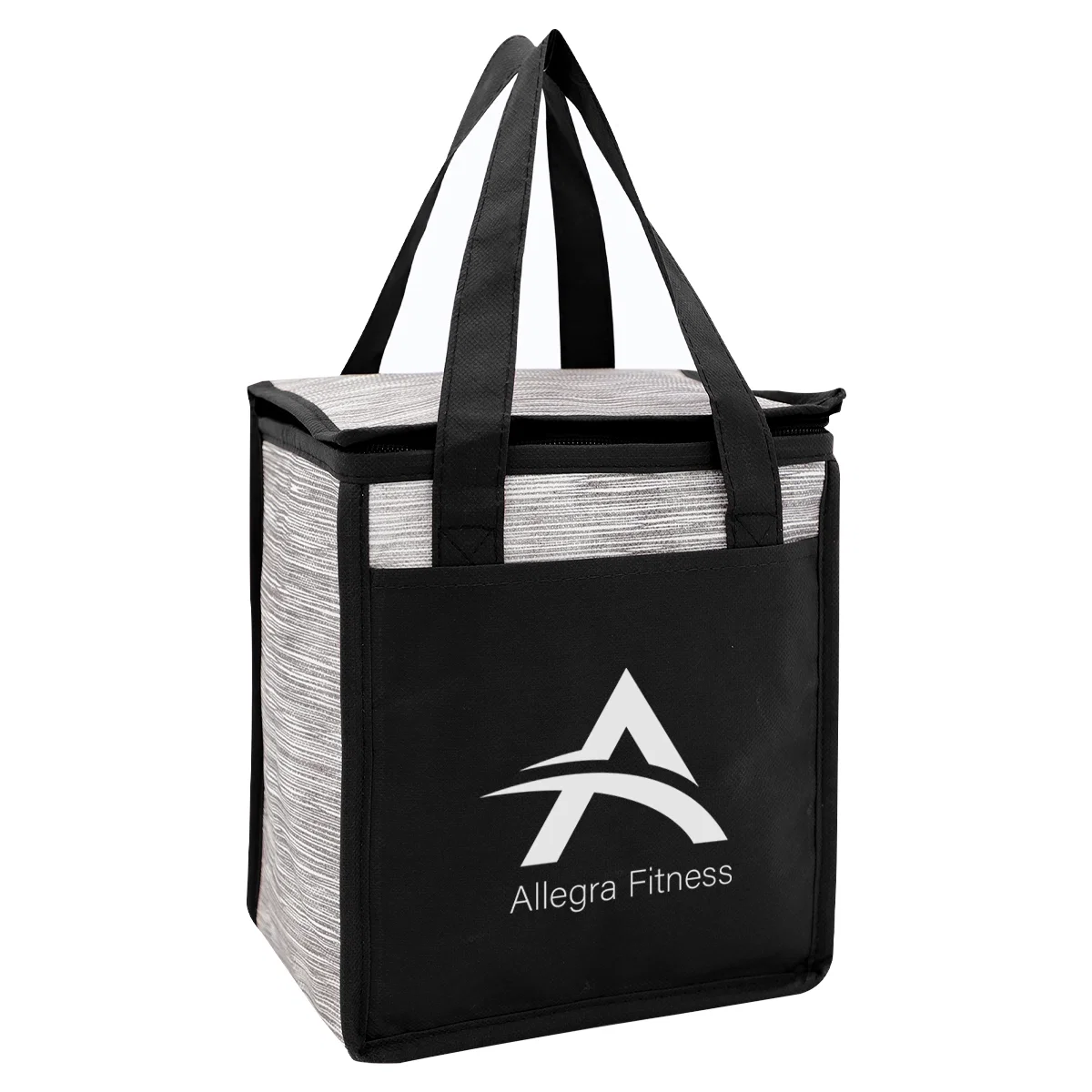 Wide handles loop over the top of the insulated tote