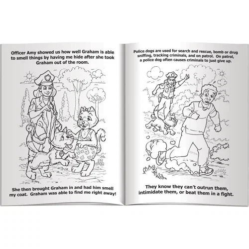 Pack of 4 non-toxic Fun Pak crayons paired with police officers coloring book