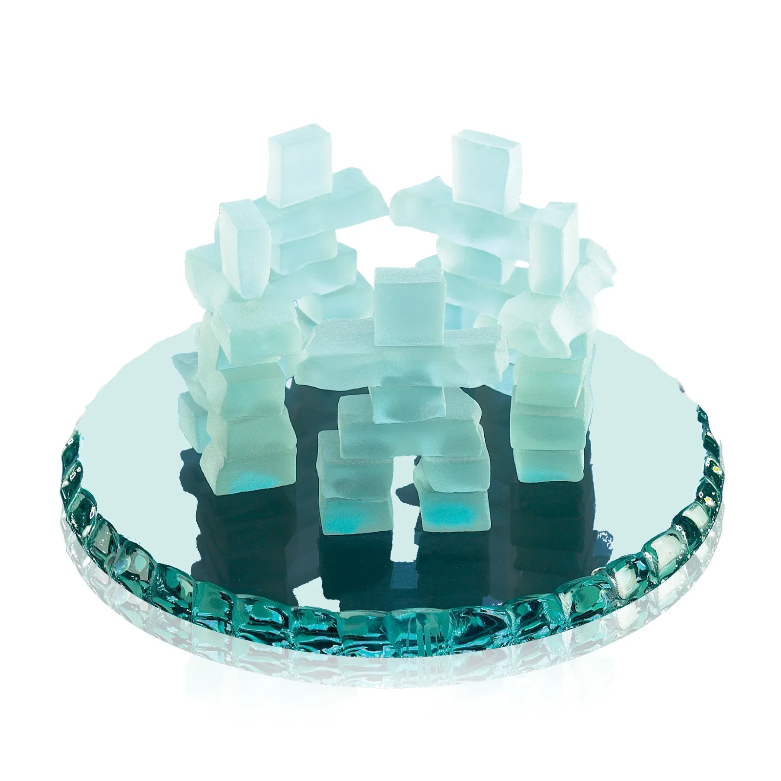 Custom Jade Glass Triple Inukshuk Award on Round Green Marble Base for sales achievement awards