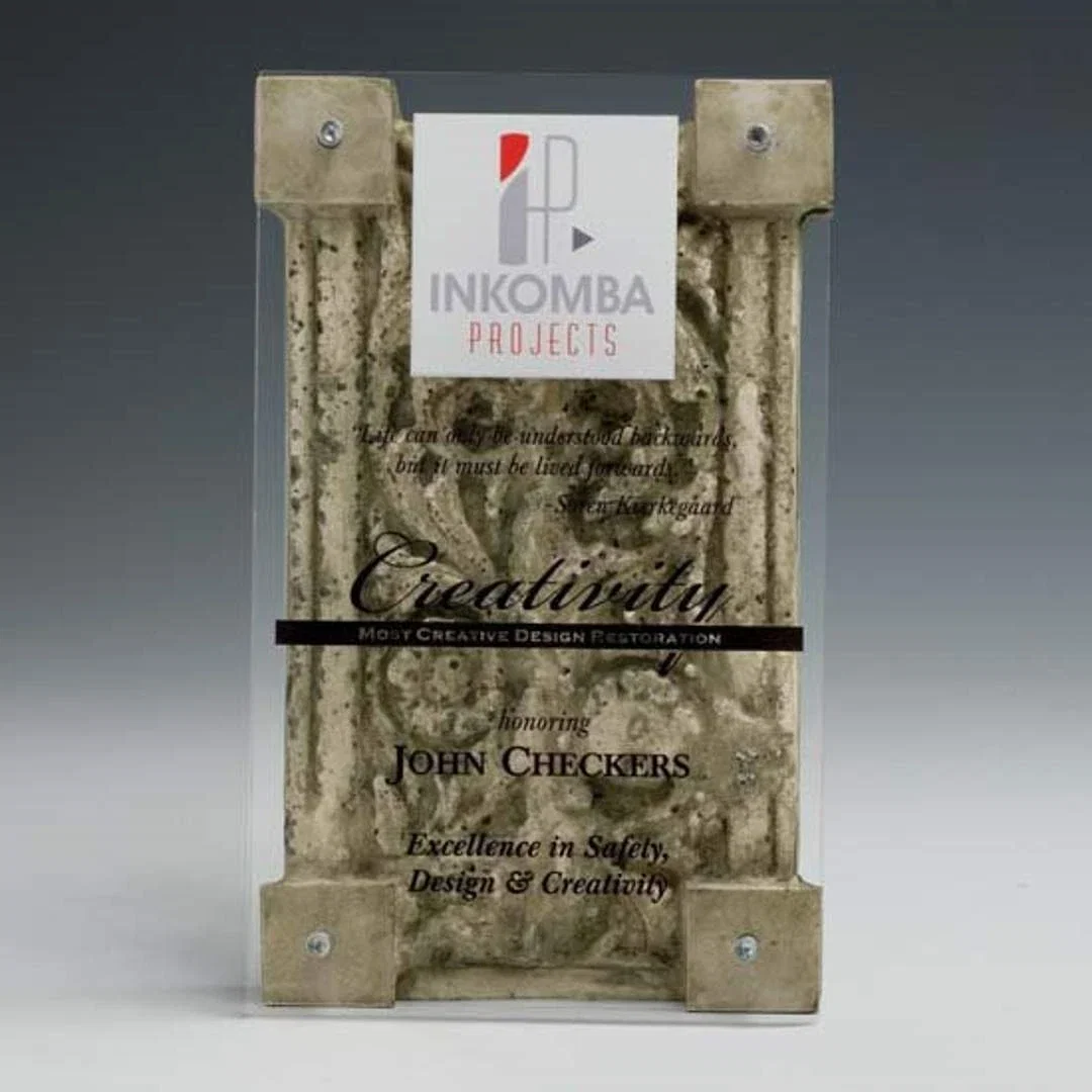 Custom Beveled Acrylic Award on Weathered Architectural Fragment Base for service anniversary gifts