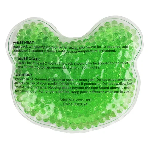Custom branded frog Aqua Pearls hot and cold pack, front view of promotional gel therapy pack
