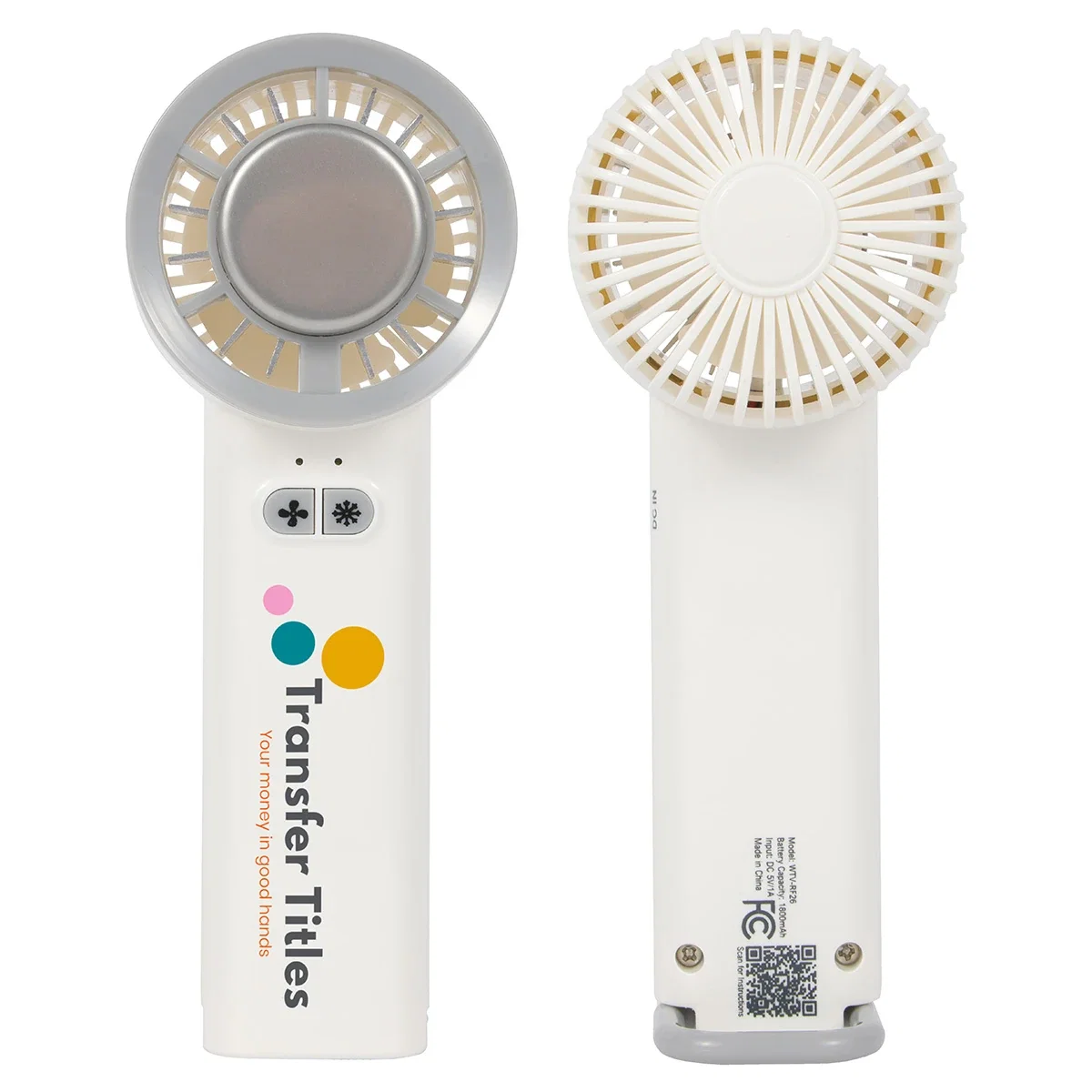 Custom Frosty handheld fan, front view of the branded fan with ice cooling plate
