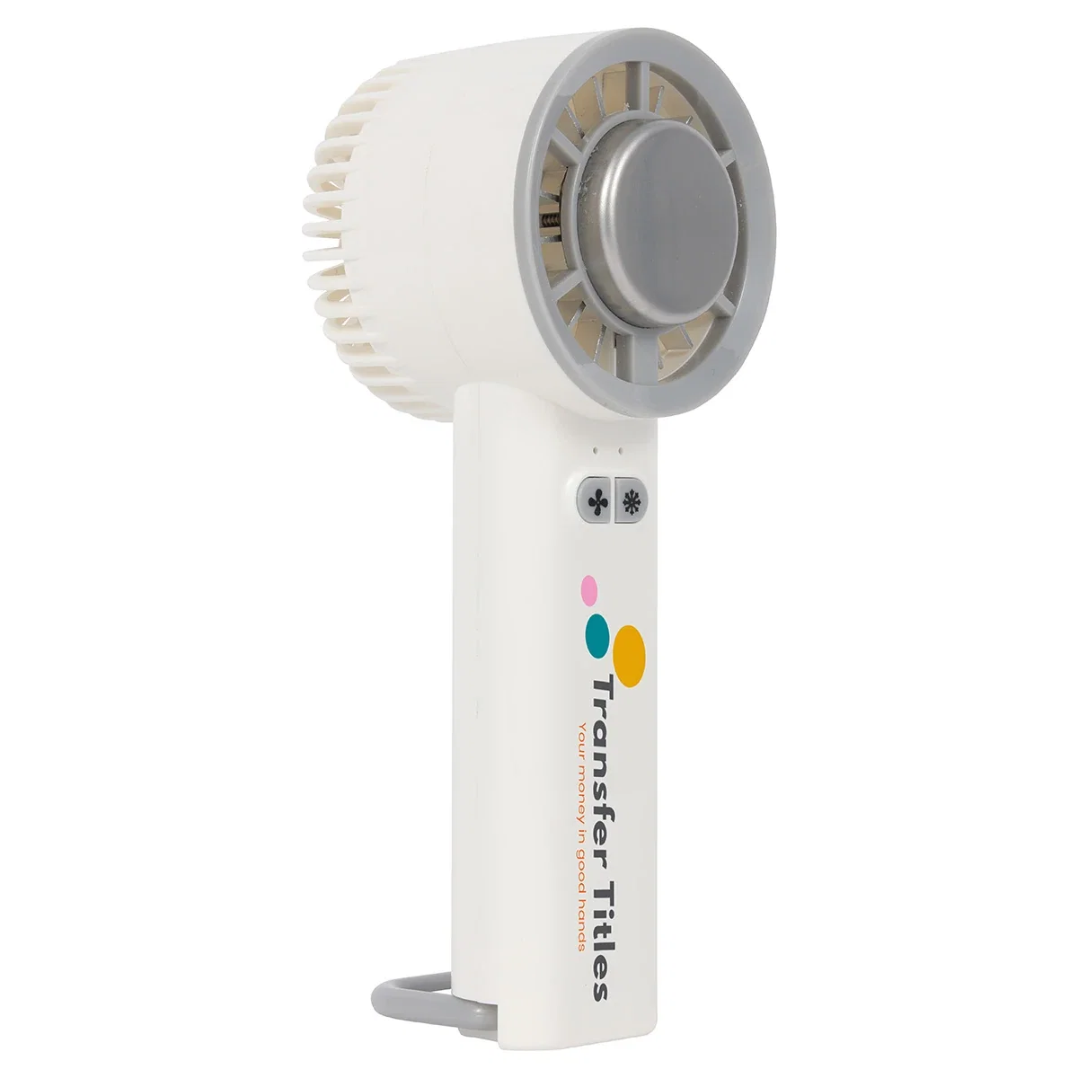 Angled three-quarter view of the Frosty handheld fan showing the fan head and metal ice cooling plate