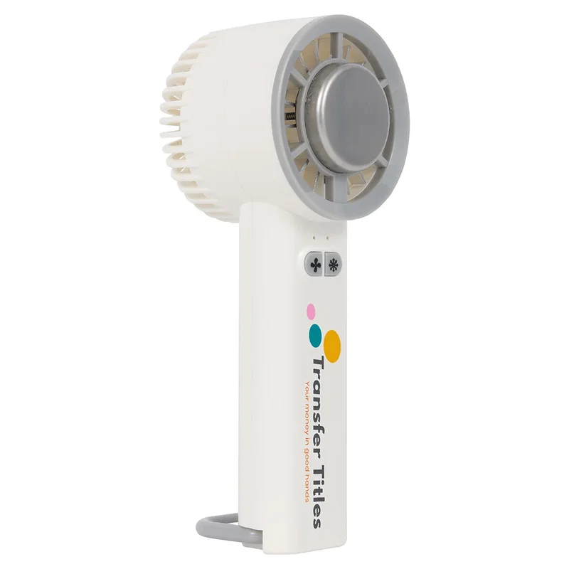 Angled three-quarter view of the Frosty handheld fan showing the fan head and metal ice cooling plate