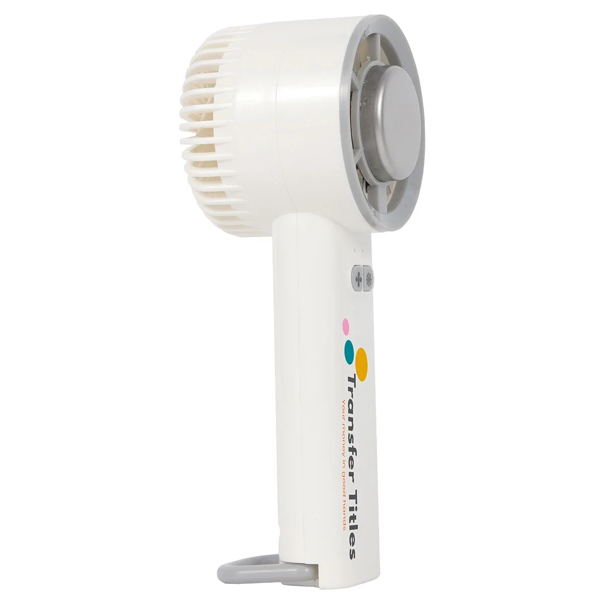Side profile of the Frosty handheld fan showing its slim handle and control buttons