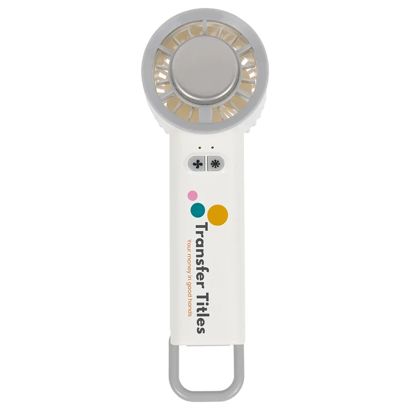 Close-up of the Frosty handheld fan's logo imprint area