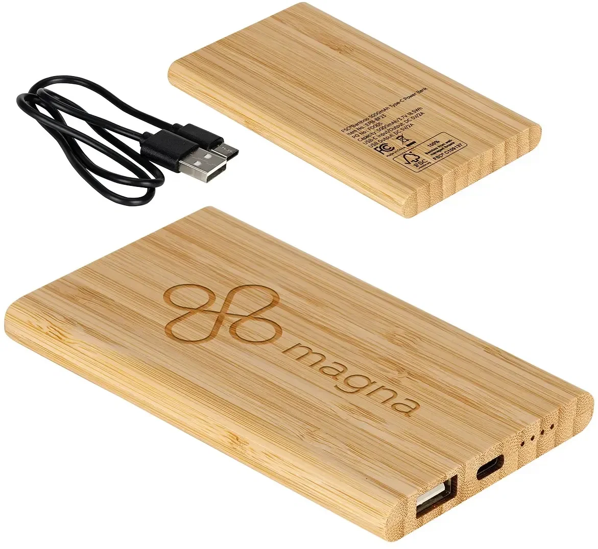 FSC Bamboo 5000mAh Type-C Power Bank, branded charger with bamboo shell, front view