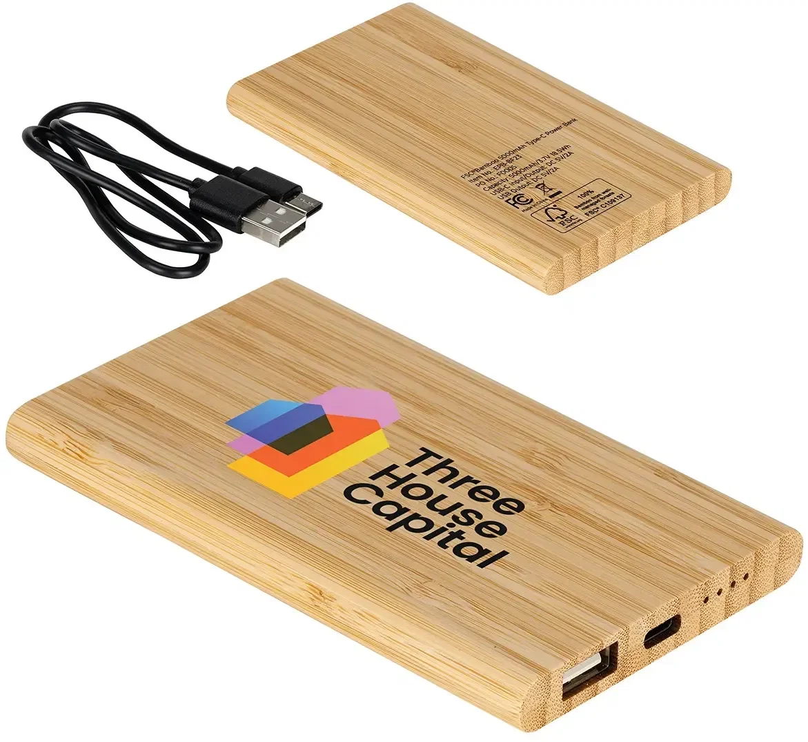 Custom bamboo Type-C power bank, side profile with ports