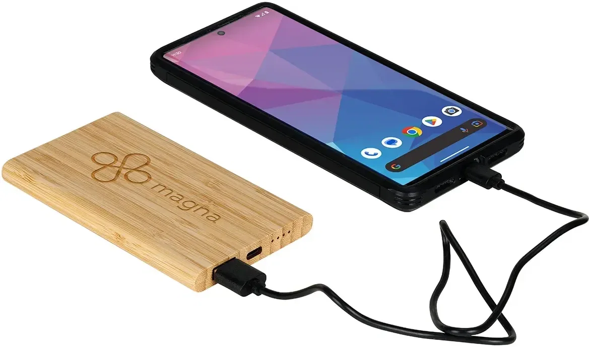 Promotional FSC bamboo 5000mAh power bank, back view of logo area