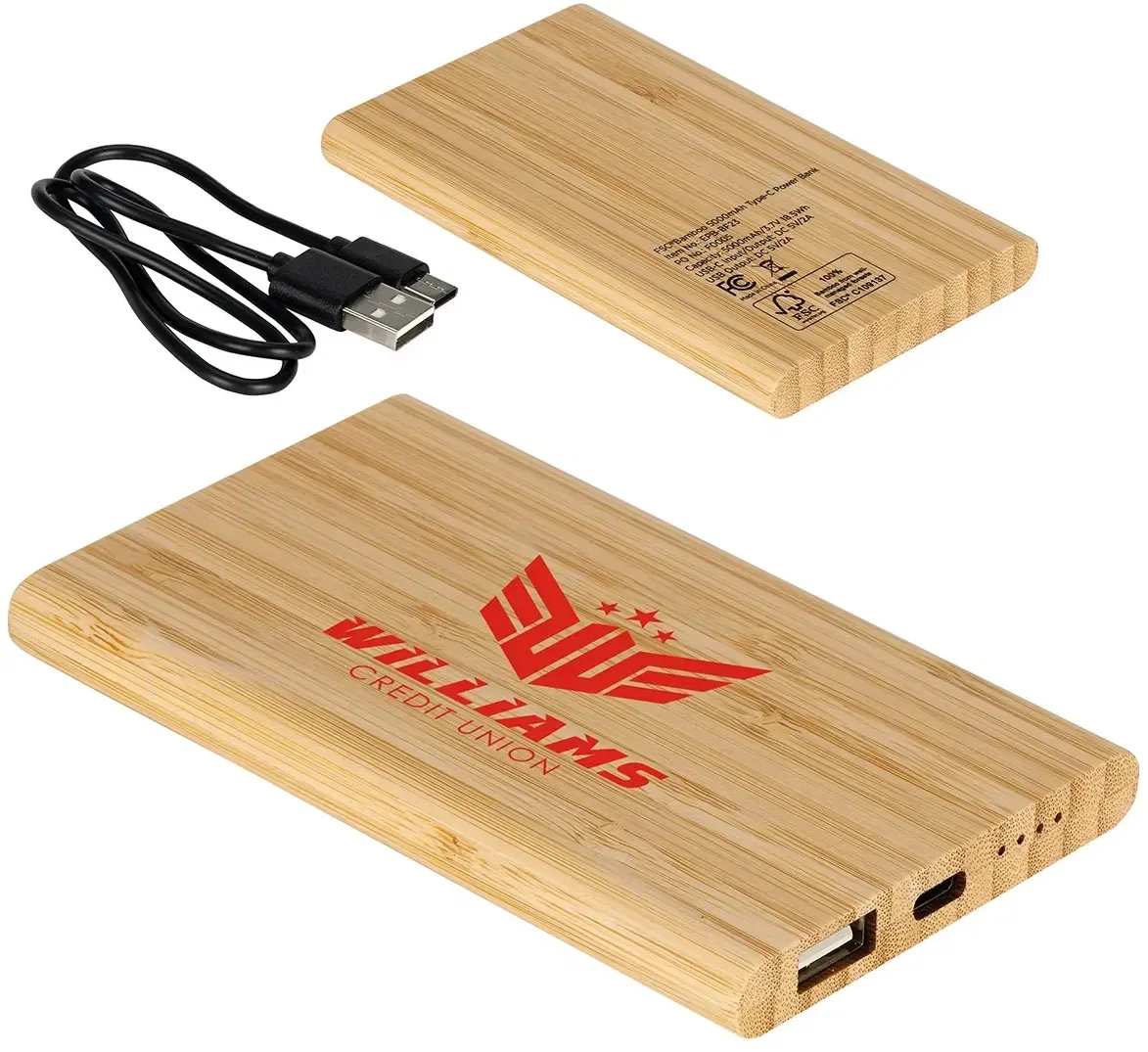 Branded FSC bamboo power bank charging a phone, in-use view