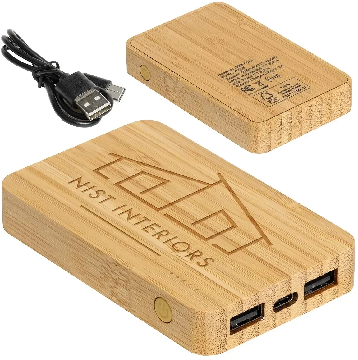 FSC Bamboo 5000mAh Wireless Power Bank, branded charger with bamboo shell, front view