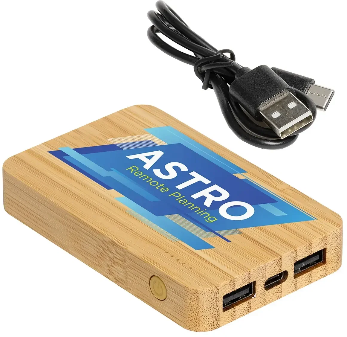 Custom bamboo wireless power bank charging a phone, in-use view