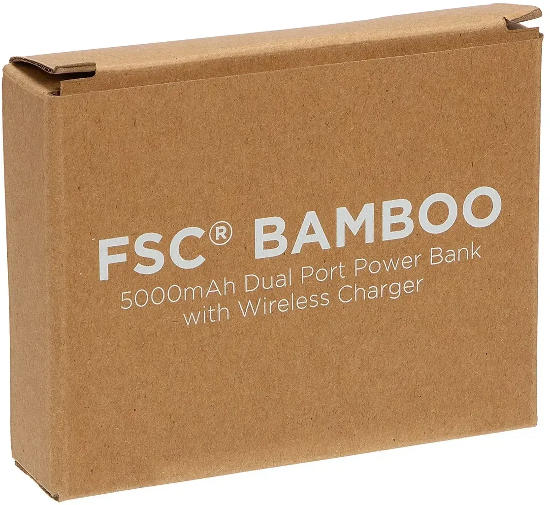 Promotional FSC bamboo 5000mAh wireless power bank, side profile with ports