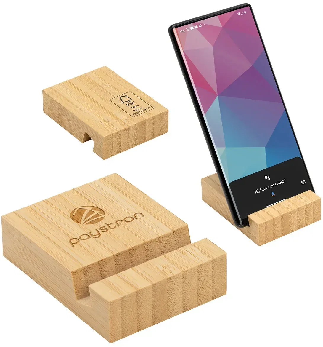 FSC Bamboo Phone Stand, custom bamboo phone stand with logo, front view