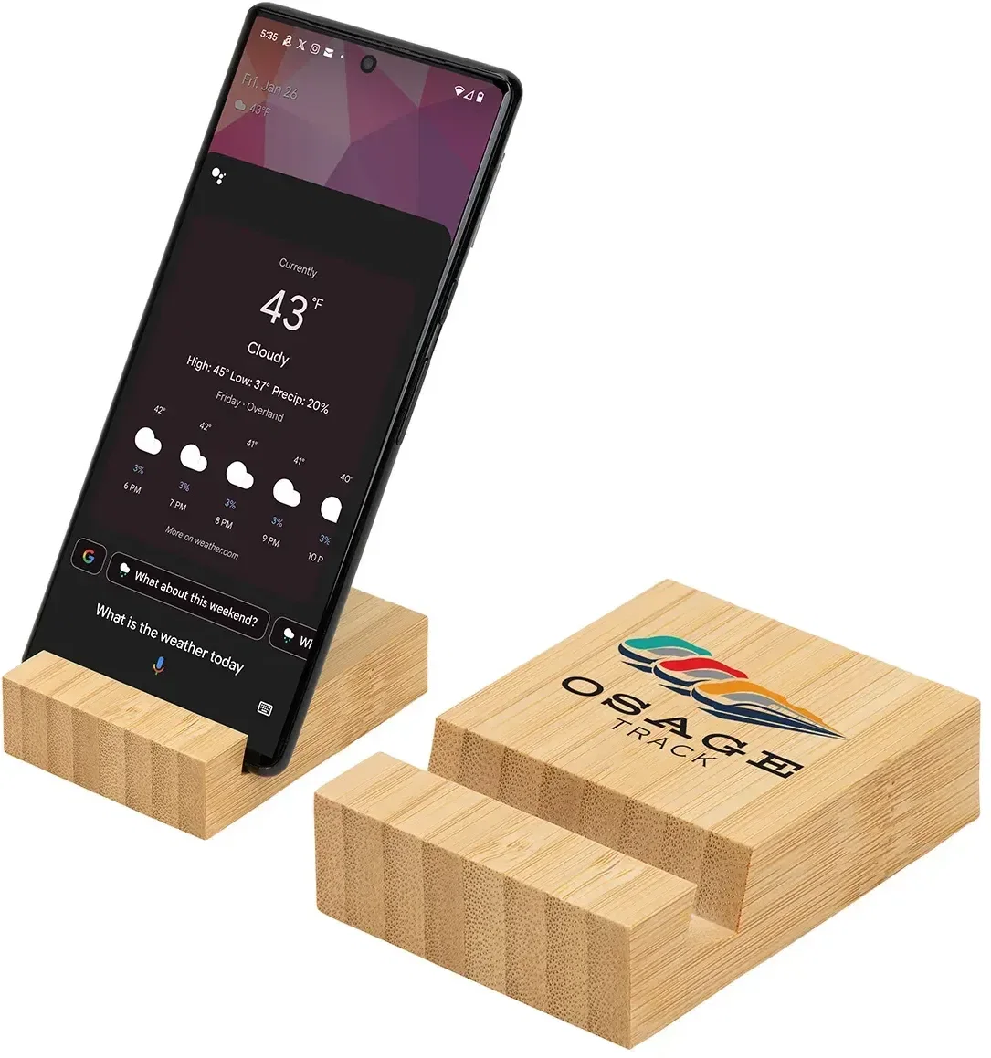 Promotional FSC bamboo two-piece phone stand holding a phone, in-use view