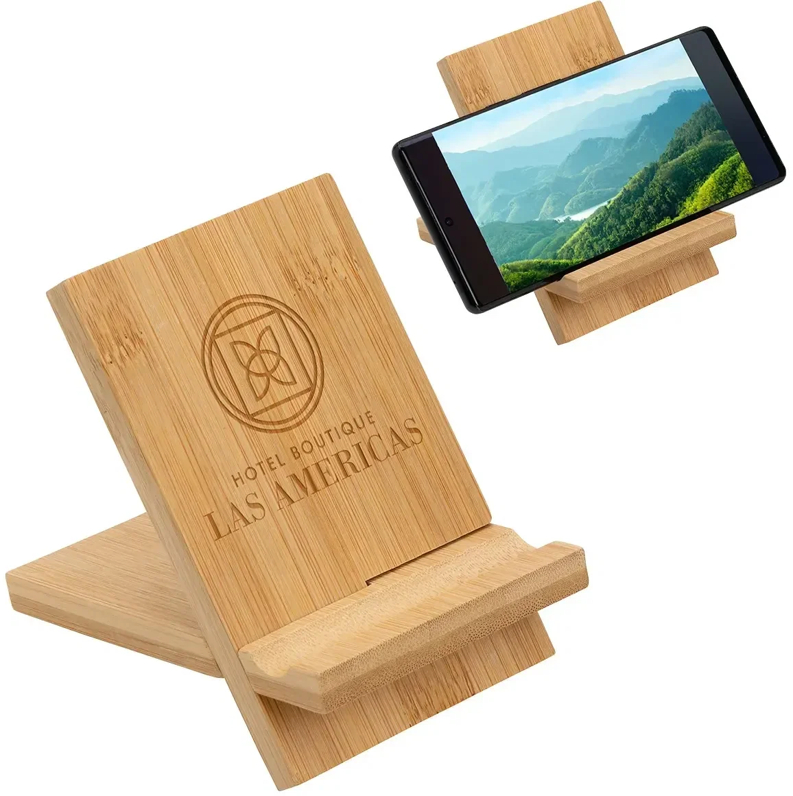 Custom FSC bamboo phone stand, Bloc style, front view