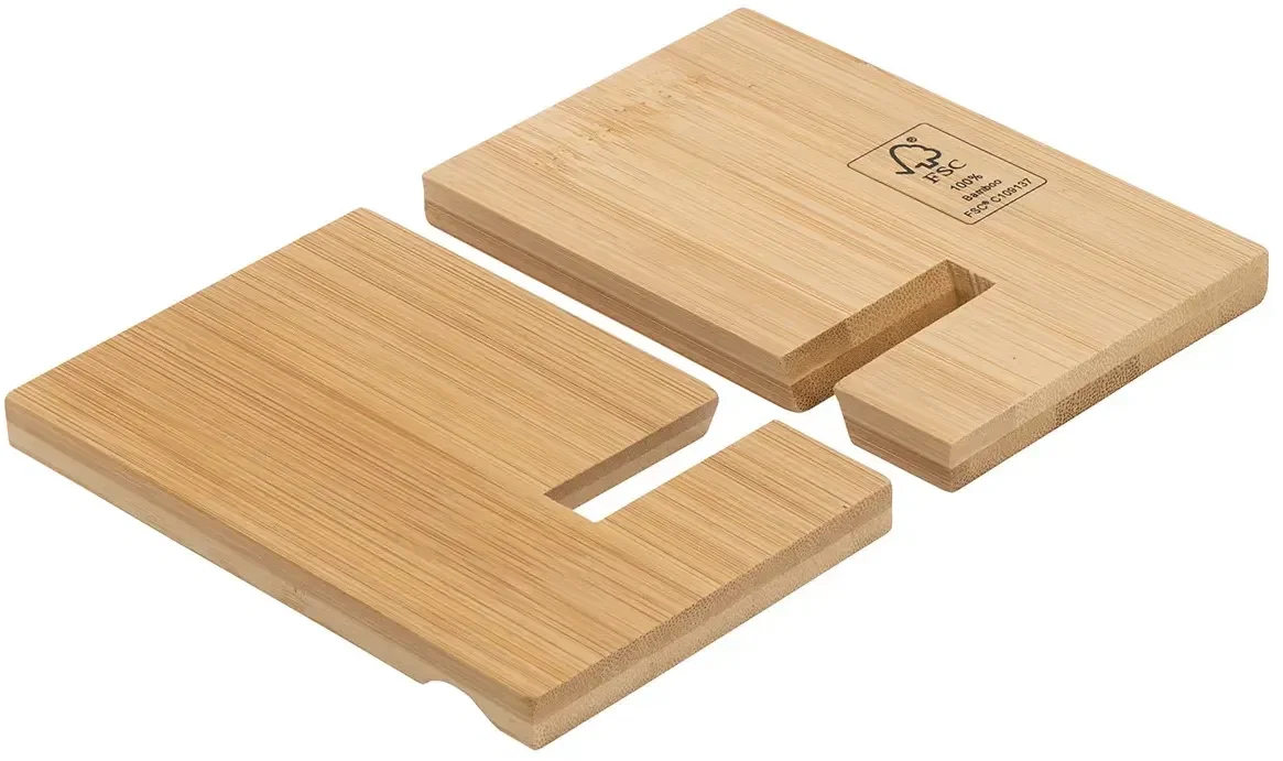 Custom bamboo Bloc phone stand holding a phone, in-use view