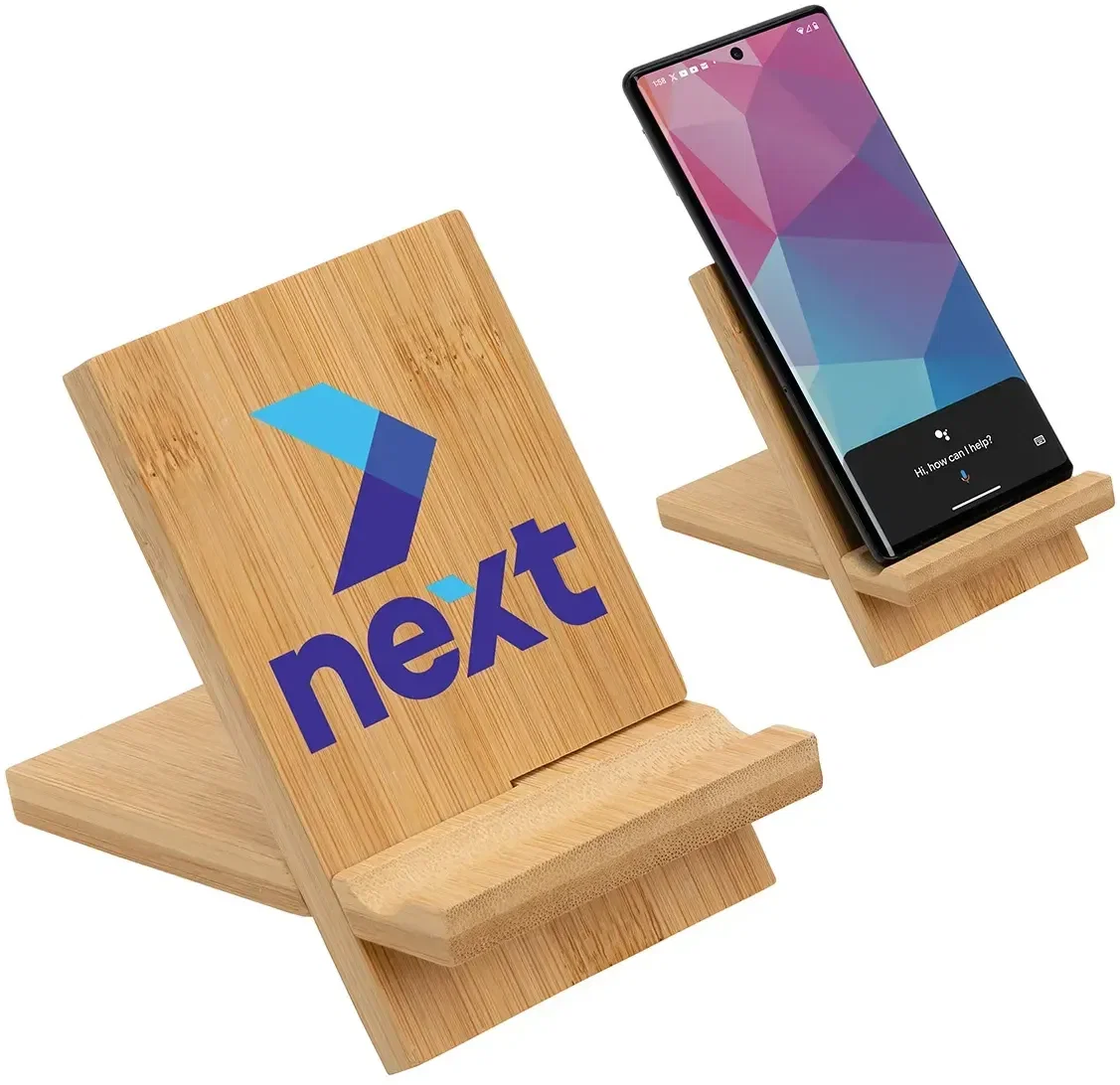 Branded FSC bamboo phone stand, side profile