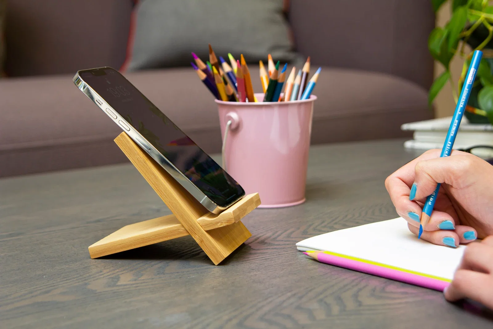 FSC bamboo phone stand flat-pack pieces, detail view