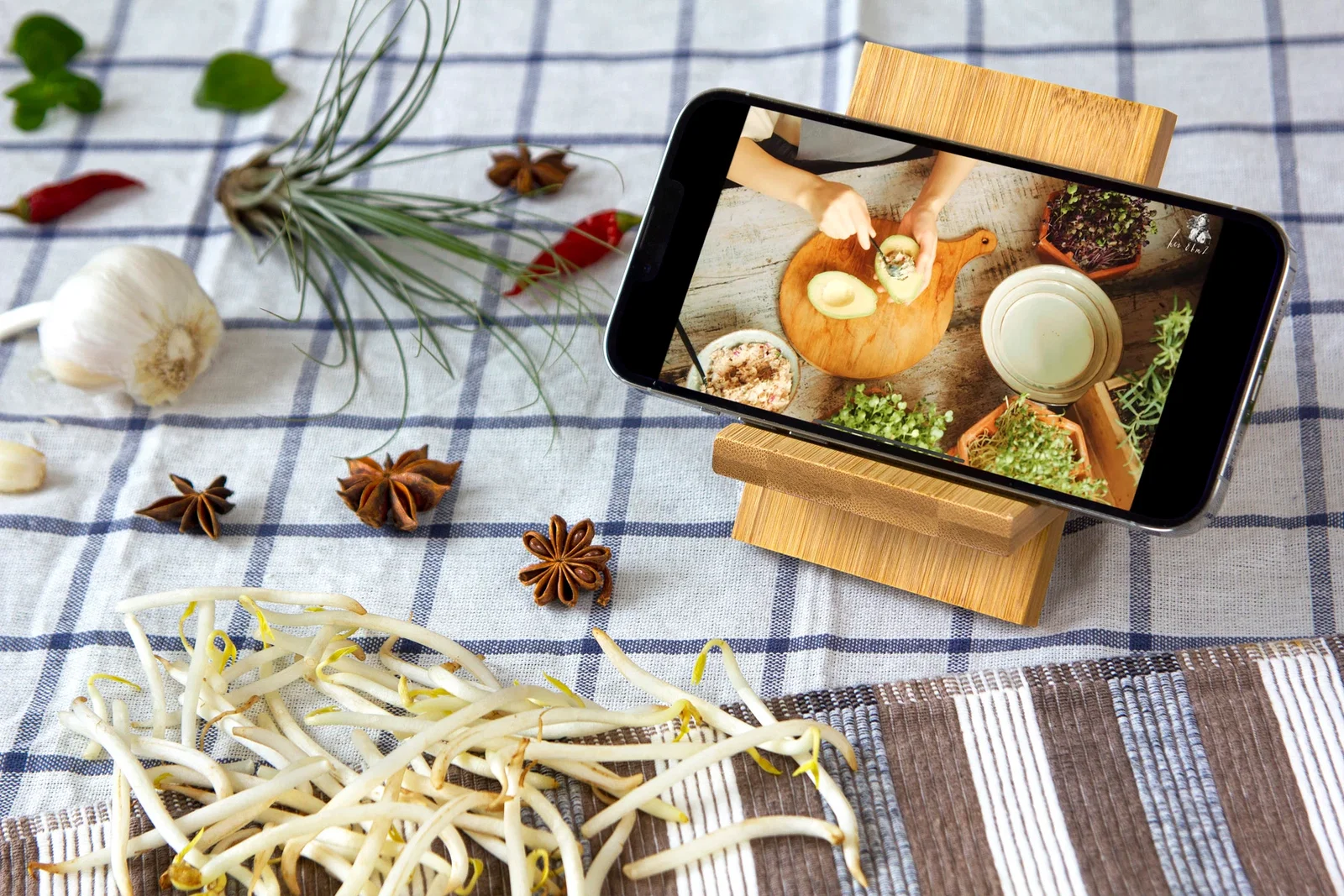 Custom bamboo phone stand, top angle detail