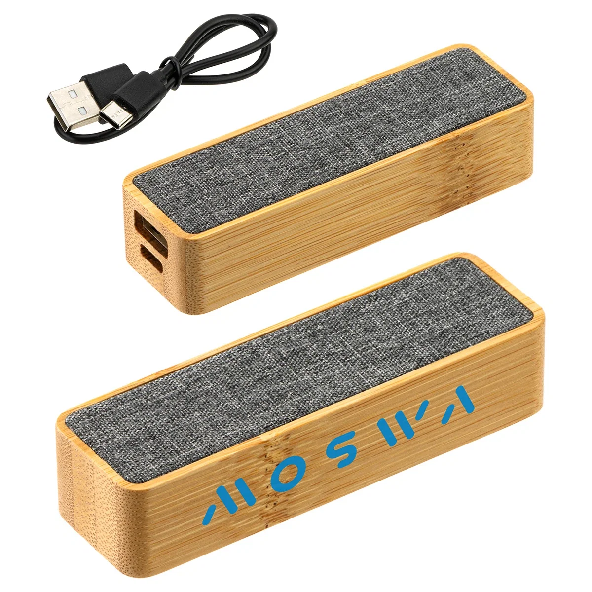 Custom FSC bamboo mini power bank, front view of the branded 2000mAh charger
