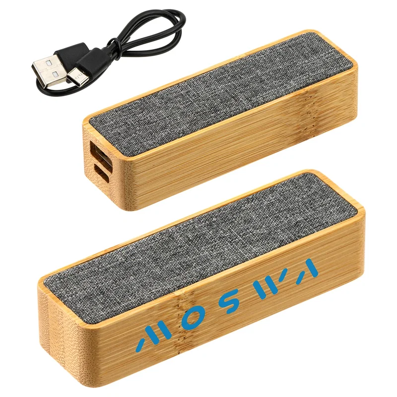 Custom FSC bamboo mini power bank, front view of the branded 2000mAh charger