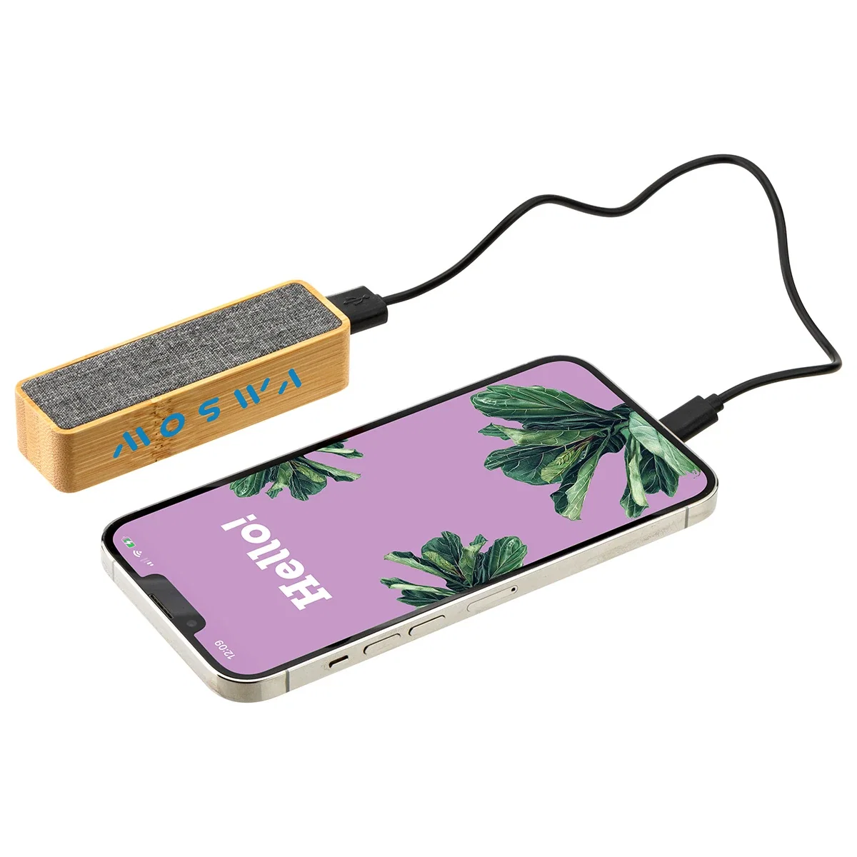 Side profile of the FSC mini power bank showing the bamboo top panel